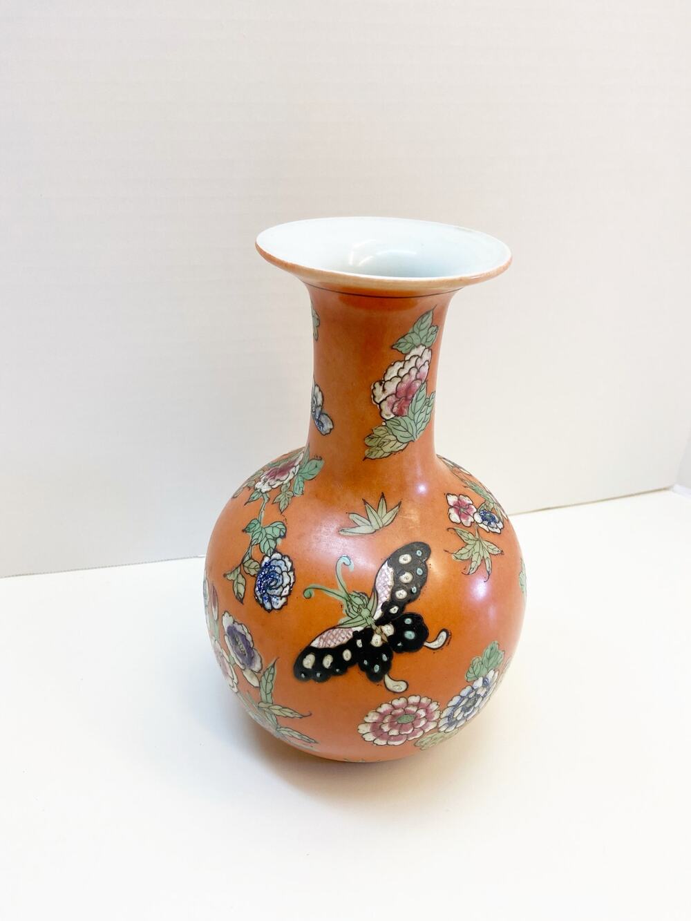 Chinese Famille Orange Vase Butterflies Floral Pomegranate Fruit Antique
